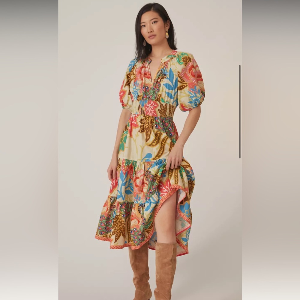 Anthropologie Puff Sleeved Floral Bohemian Print Midi Women’s Dress Size 4